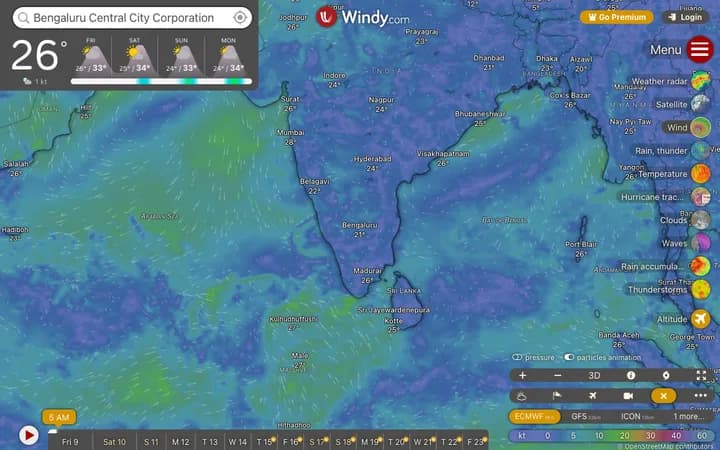 Wind particles moving across a weather map