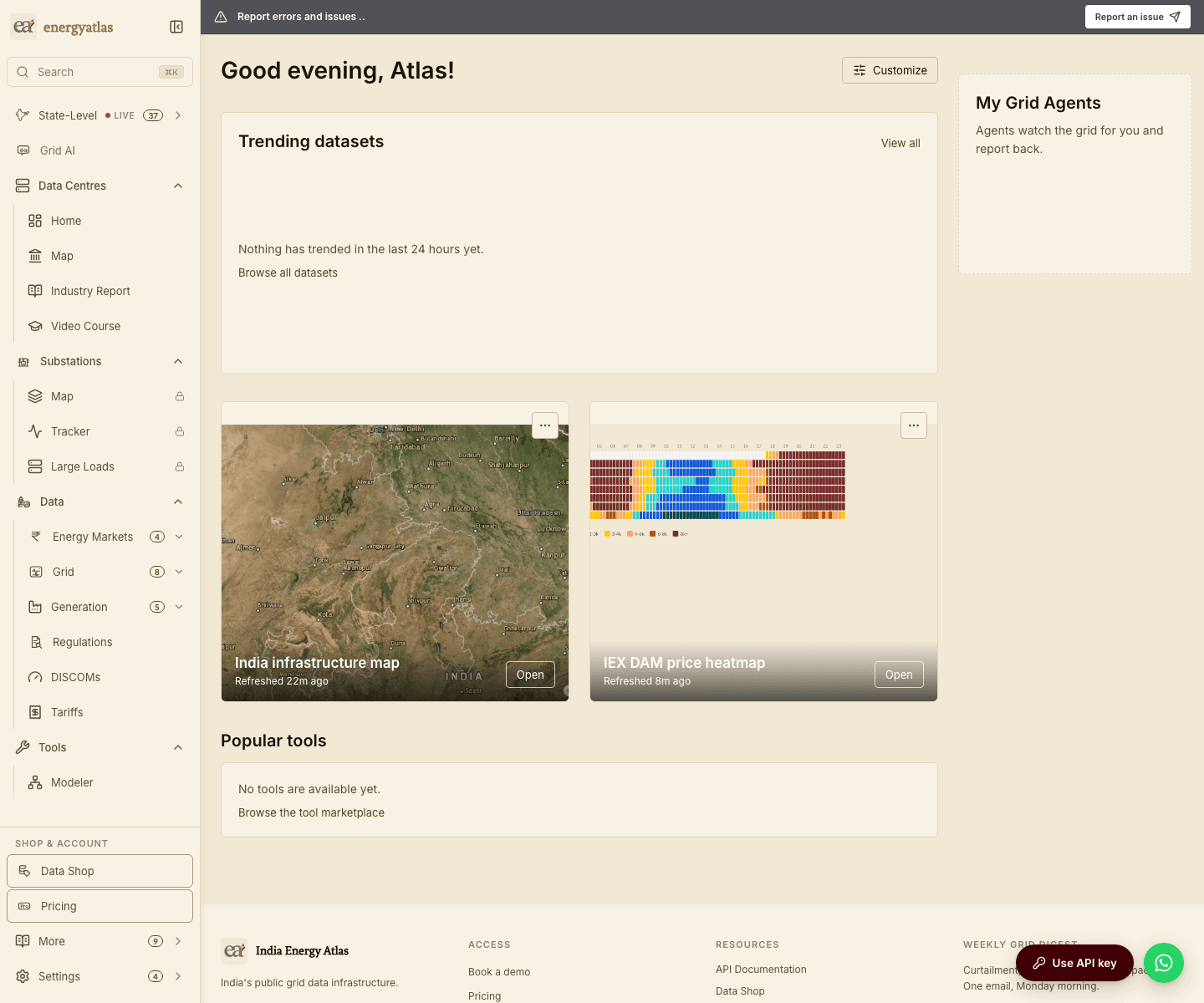 The Atlas home page with two pinned cards side by side: an India infrastructure map labelled Refreshed 22m ago, and an IEX DAM price heatmap labelled Refreshed 8m ago, each with an Open button.