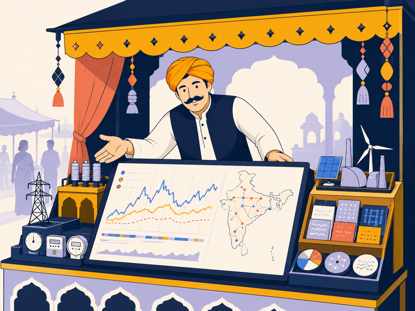 An India energy data marketplace with grid charts, a network map and renewable infrastructure
